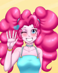 Size: 2000x2500 | Tagged: safe, artist:albertbm, derpibooru import, pinkie pie, equestria girls, blushing, cute, diapinkes, grin, jewelry, necklace, one eye closed, pigtails, smiling, solo