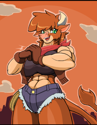 Size: 1929x2489 | Tagged: safe, artist:droll3, derpibooru import, arizona cow, anthro, cow, them's fightin' herds, bandana, breasts, busty arizona cow, clothes, community related, muscles, open mouth, shorts