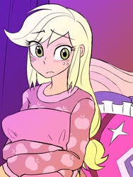 Size: 1620x2160 | Tagged: safe, artist:haibaratomoe, derpibooru import, applejack, equestria girls, blushing, clothes, digital art, female, freckles, pajamas, solo