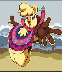 Size: 2123x2483 | Tagged: safe, alternate version, artist:droll3, derpibooru import, paprika paca, alpaca, anthro, them's fightin' herds, clothes, community related, female, fur, happy, high res, open mouth, poncho, solo