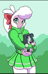 Size: 1624x2493 | Tagged: safe, artist:droll3, derpibooru import, pom lamb, anthro, dog, lamb, sheep, them's fightin' herds, clothes, community related, cute, female, fur, happy, high res, open mouth, puppy, skirt, solo, sweater