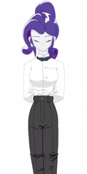 Size: 1024x2048 | Tagged: safe, alternate version, artist:batipin, derpibooru import, rarity, equestria girls, alternate hairstyle, bowtie, clothes, eyes closed, female, hands behind back, simple background, solo, suit, white background