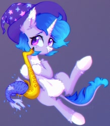 Size: 1455x1668 | Tagged: safe, artist:astralblues19, derpibooru import, oc, oc:astral blues, fish, pony, unicorn, awkward smile, chest fluff, clothes, cute, ear fluff, fluffy, hair, hat, holding, hoof fluff, leg fluff, legs raised, musical instrument, saxophone, shy, spots, spread legs, spreading, stars, tail