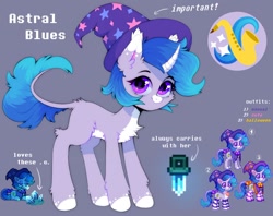 Size: 1500x1185 | Tagged: safe, artist:astralblues19, derpibooru import, oc, oc:astral blues, pony, unicorn, blue mane, chest fluff, clothes, costume, crystal, cutie mark, ear fluff, female, hair, hat, hoof fluff, lamp, leg fluff, mane, mare, musical instrument, pixel art, pony town, purple eyes, reference, reference sheet, saxophone, socks, standing, stars