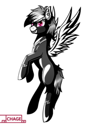 Size: 1500x2160 | Tagged: safe, alternate version, artist:chage, derpibooru import, rainbow dash, pegasus, pony, clothes, costume, flying, monochrome, multicolored hair, neo noir, partial color, shadowbolt dash, shadowbolts, shadowbolts costume, simple background, smiling, solo, spread wings, transparent background, wings