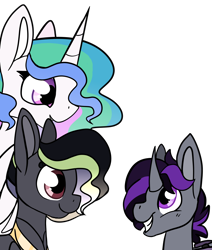 Size: 1392x1643 | Tagged: safe, artist:greyestgray, derpibooru import, princess celestia, oc, oc:spell book, oc:union, alicorn, earth pony, pony, unicorn, colt, male, parent:twilight sparkle, simple background, transparent background