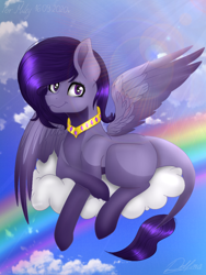 Size: 768x1024 | Tagged: safe, derpibooru import, oc, oc only, pegasus, pony, cloud, female, leonine tail, mare, on a cloud, rainbow, solo