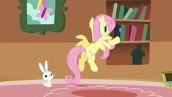 Size: 1280x720 | Tagged: safe, derpibooru import, screencap, angel bunny, fluttershy, pegasus, pony, rabbit, keep calm and flutter on, animal, book, bookshelf, butt, female, mare, plot