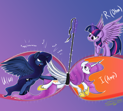 Size: 4000x3600 | Tagged: safe, artist:ser-p, derpibooru import, princess celestia, princess luna, twilight sparkle, twilight sparkle (alicorn), alicorn, pony, alternate hairstyle, angry horse noises, descriptive noise, high res, magic, ohm's law, physics, pink-mane celestia, rope, telekinesis