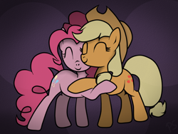 Size: 1024x768 | Tagged: safe, artist:pinkamenascratch, derpibooru import, applejack, pinkie pie, earth pony, pony, abstract background, duo, eyes closed, female, hug