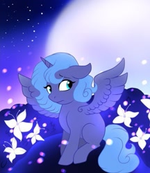 Size: 507x586 | Tagged: safe, artist:pinkamenascratch, derpibooru import, princess luna, alicorn, pony, female, filly, flower, full moon, moon, solo, spread wings, wings, woona, younger