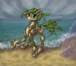 Size: 5040x4416 | Tagged: safe, artist:eltaile, derpibooru import, oc, oc only, oc:holo limu, pony, beach, bodypaint, cloud, fangs, female, horizon, ocean, sand, scar, seaweed, solo, surfboard, tattoo, tribal, wave