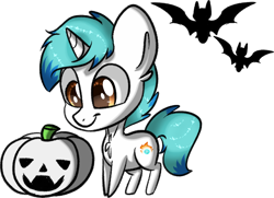 Size: 1490x1081 | Tagged: safe, derpibooru import, oc, oc only, oc:snowy blue, bat, unicorn, bats!, chest fluff, pumpkin, simple background, solo, transparent background