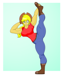 Size: 1859x2184 | Tagged: safe, artist:matchstickman, derpibooru import, applejack, human, applejacked, applerack, blue background, breasts, clothes, cowboy hat, hat, humanized, looking at you, muscles, out of frame, pants, pose, simple background, solo, stetson, white border