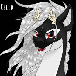 Size: 1080x1080 | Tagged: safe, artist:creed larsen, derpibooru import, oc, original species, pony, caption, fangs, image macro, long mane, open mouth, pearl horns, sea creature, simple background, text