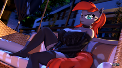 Size: 1920x1080 | Tagged: safe, artist:anthroponiessfm, derpibooru import, oc, oc:grem, anthro, bat pony, plantigrade anthro, 3d, anthro oc, bat pony oc, bat wings, big breasts, breasts, cleavage, clothes, collar, cute, female, glasses, gloves, long socks, looking at you, socks, source filmmaker, stocking feet, sweater, thigh highs, wings