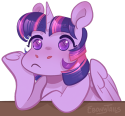 Size: 1636x1520 | Tagged: safe, artist:ebonytails, derpibooru import, twilight sparkle, twilight sparkle (alicorn), alicorn, pony, cute, female, hoof on cheek, mare, no pupils, simple background, sitting, solo, starry eyes, table, transparent background, twiabetes, wingding eyes