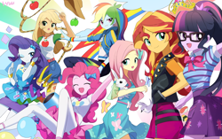 Size: 3000x1886 | Tagged: safe, artist:ryuu, derpibooru import, angel bunny, applejack, fluttershy, pinkie pie, rainbow dash, rarity, sci-twi, sunset shimmer, twilight sparkle, bird, butterfly, rabbit, better together, equestria girls, angelbetes, animal, apple, applejack's hat, balloon, big crown thingy, bowtie, clothes, confetti, cowboy hat, cute, dashabetes, denim skirt, diapinkes, element of magic, eyes closed, female, food, geode of empathy, geode of fauna, geode of shielding, geode of sugar bombs, geode of super speed, geode of super strength, geode of telekinesis, glasses, hairpin, happy, hat, high heels, hoodie, humane five, humane seven, humane six, jackabetes, jacket, jewelry, lasso, leather, leather jacket, magical geodes, one eye closed, open mouth, party cannon, pixiv, ponytail, raribetes, regalia, rope, shimmerbetes, shoes, shyabetes, skirt, smiling, tanktop, twiabetes, wall of tags, wink, winking at you