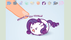 Size: 1366x768 | Tagged: safe, derpibooru import, big macintosh, derpy hooves, discord, lyra heartstrings, nightmare moon, princess luna, queen chrysalis, rarity, trixie, human, pony, annoyed, caption, cute, finger, pinkie pie plays, poking, raribetes, solo