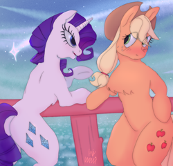 Size: 1280x1229 | Tagged: safe, artist:ihniyart, derpibooru import, applejack, rarity, earth pony, pony, unicorn, blushing, female, lesbian, rarijack, shipping, shooting star