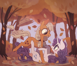 Size: 1280x1097 | Tagged: safe, artist:jademoona, derpibooru import, applejack, rarity, earth pony, pony, unicorn, applejack's hat, autumn, cowboy hat, cute, female, females only, hat, horn, leaves, lesbian, looking at each other, rarijack, shipping, tree