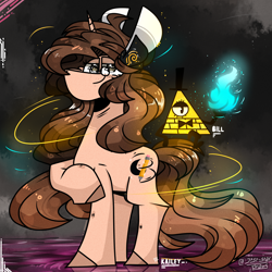Size: 2000x2000 | Tagged: safe, artist:jxst-starly, derpibooru import, oc, oc only, oc:kailey, unicorn, art trade, bill cipher, blue flames, cheek fluff, ear piercing, earring, fire, horn, jewelry, piercing, redraw, reflective floor, simple background, small glasses, unicorn oc