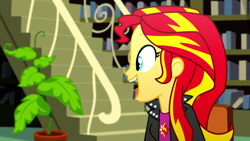 Size: 1920x1080 | Tagged: safe, derpibooru import, screencap, sunset shimmer, epic fails (equestria girls), eqg summertime shorts, equestria girls, aha, clothes, cutie mark on clothes, jacket, leather jacket, open mouth, open smile, plant, shirt, smiling, solo, spotting something, sun