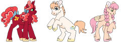 Size: 1500x500 | Tagged: safe, artist:rattastics, derpibooru import, oc, oc only, oc:bright cherry, oc:doodlebug, oc:ladybird, earth pony, pegasus, pony, unicorn, female, freckles, half-siblings, male, mare, offspring, parent:big macintosh, parent:fluttershy, parent:sugar belle, parents:fluttermac, parents:sugarmac, rearing, siblings, simple background, stallion, transparent background, unshorn fetlocks