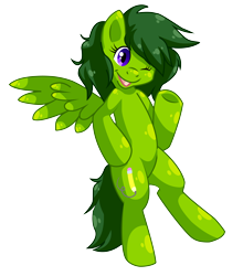 Size: 6708x7618 | Tagged: safe, artist:almaustral, artist:fizzy-dog, derpibooru import, edit, oc, oc only, oc:lemonade, pegasus, pony, bipedal, one eye closed, open mouth, pegasus oc, simple background, solo, spread wings, transparent background, underhoof, wings, wink