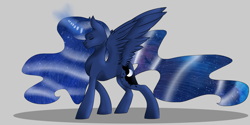 Size: 3000x1500 | Tagged: safe, artist:toptian, derpibooru import, princess luna, alicorn, pony, ethereal mane, eyes closed, female, glowing horn, horn, mare, simple background, solo, starry mane