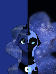 Size: 1207x1584 | Tagged: safe, artist:toptian, derpibooru import, nightmare moon, princess luna, alicorn, pony, bust, ethereal mane, female, galaxy mane, helmet, mare, peytral, solo, split screen