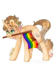 Size: 783x1020 | Tagged: safe, artist:silentwolf-oficial, derpibooru import, oc, oc only, pony, unicorn, gay pride flag, horn, mouth hold, pride, pride flag, signature, simple background, solo, transparent background, unicorn oc, watermark