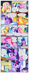 Size: 612x1552 | Tagged: safe, derpibooru import, edit, edited screencap, screencap, applejack, fluttershy, pinkie pie, princess cadance, rainbow dash, rarity, shining armor, spike, twilight sparkle, alicorn, dragon, earth pony, pegasus, pony, unicorn, comic:friendship is dragons, mmmystery on the friendship express, the crystal empire, comic, dialogue, eyelashes, female, flying, hat, male, mane seven, mane six, mare, raised hoof, screencap comic, shrug, smiling, stallion