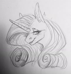 Size: 3022x3124 | Tagged: safe, artist:d3pressedr4inbow, derpibooru import, rarity, pony, unicorn, bust, female, grayscale, mare, monochrome, pencil drawing, profile, solo, traditional art