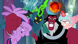 Size: 1920x1080 | Tagged: safe, derpibooru import, screencap, cozy glow, lord tirek, queen chrysalis, twilight sparkle, twilight sparkle (alicorn), alicorn, centaur, changeling, changeling queen, pony, the ending of the end, alicornified, bell, cozycorn, female, filly, glowing horn, grogar's bell, horn, magic, male, mare, race swap, scared, slasher smile, smiling, ultimate chrysalis