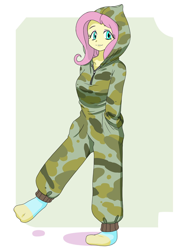 Size: 1536x2048 | Tagged: safe, artist:batipin, derpibooru import, fluttershy, equestria girls, camouflage, clothes, cute, female, hands in pockets, hoodie, shyabetes, socks, solo