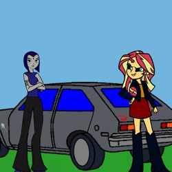 Size: 768x768 | Tagged: safe, derpibooru import, sunset shimmer, equestria girls, chevrolet chevette, crossover, female, lesbian, raven (teen titans), shimrav, teen titans