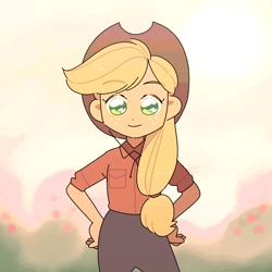 Size: 1200x1200 | Tagged: safe, artist:chapaghettii, derpibooru import, applejack, equestria girls, cute, female, hand on hip, jackabetes, looking at you, no pupils, solo