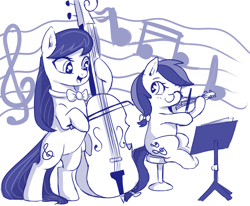 Size: 3000x2477 | Tagged: safe, artist:crade, ponybooru exclusive, octavia melody, symphonia melody, earth pony, pony, bipedal, cello, cello bow, female, filly, looking at each other, looking sideways, mare, monochrome, music, music notes, one eye closed, open mouth, siblings, sisters, sitting, smiling, standing, stool, violin