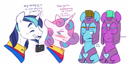 Size: 3781x1968 | Tagged: safe, artist:chub-wub, derpibooru import, princess flurry heart, shining armor, alicorn, pony, unicorn, alternate hairstyle, armor, beard, blushing, camera, clothes, embarrassed, eyes closed, facial hair, father and child, father and daughter, fathers gonna father, female, glowing horn, goatee, grin, helmet, horn, levitation, magic, male, mare, moustache, older flurry heart, older shining armor, one eye closed, parent and child, royal guard, royal guard armor, shirt, simple background, smiling, stallion, suit, telekinesis, white background