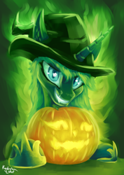Size: 1950x2750 | Tagged: safe, artist:kridershot, derpibooru import, princess luna, alicorn, pony, evil grin, fangs, female, green glow, grin, halloween, hat, holiday, hoof shoes, jack-o-lantern, looking at you, mare, nightmare night, pumpkin, signature, smiling, solo, witch hat