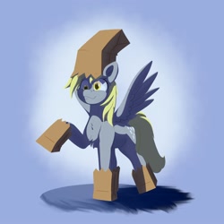 Size: 2000x2000 | Tagged: safe, artist:aquaticvibes, derpibooru import, derpy hooves, pegasus, pony, chest fluff, clothes, costume, derp, female, mare, nightmare night costume, paper bag, raised hoof, simple background, smiling, solo