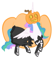 Size: 703x777 | Tagged: safe, artist:jargon scott, artist:threetwotwo32232, derpibooru import, princess celestia, alicorn, pony, clothes, costume, halloween, halloween costume, holiday, jack-o-lantern, pumpkin, pumpkin head, raised hoof, spread wings, wings