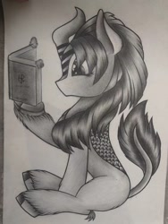 Size: 1080x1440 | Tagged: safe, derpibooru import, oc, oc only, kirin, book, monochrome, photo, sketch, solo, traditional art