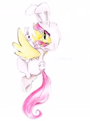 Size: 2154x2895 | Tagged: safe, artist:liaaqila, derpibooru import, angel bunny, fluttershy, pegasus, pony, rabbit, animal, animal costume, bunny costume, clothes, costume, cute, kigurumi, shyabetes, simple background, white background