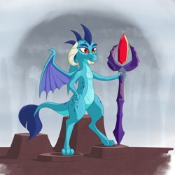 Size: 2560x2560 | Tagged: safe, artist:aquaticvibes, derpibooru import, dragon lord ember, princess ember, dragon, bloodstone scepter, dragoness, female, hand on hip, smiling, solo