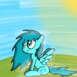 Size: 1080x1080 | Tagged: safe, artist:crossovercartoons, derpibooru import, oc, oc:random shine, pegasus, artwork, cute, digital art, drawing, grass, grass field, looking up, sun