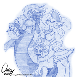 Size: 600x600 | Tagged: safe, artist:omny87, derpibooru import, nightmare moon, princess celestia, princess luna, dragon, lamia, original species, taur, clothes, costume, dragontaur, halloween, holiday, lamiafied, nightmare night, pumpkin bucket, sketch, species swap