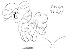 Size: 600x395 | Tagged: safe, artist:anonymous, derpibooru import, pinkie pie, earth pony, pony, /co/, 2010, 4chan, female, happy, hopping, lineart, mare, monochrome, pronking, simple background, solo, white background