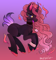Size: 3776x4026 | Tagged: safe, artist:reallycoykoifish, derpibooru import, unicorn, curved horn, dark skin, fire magic, hooves, horn, jewelry, magic, necklace, short tail, teasing, tongue out
